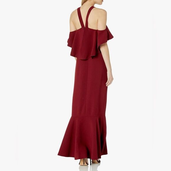 Rachel Zoe Baxter Cold-Shoulder Stretch-Crepe Gown Burgundy Ruffle Dress Sz 8 - Picture 7 of 8